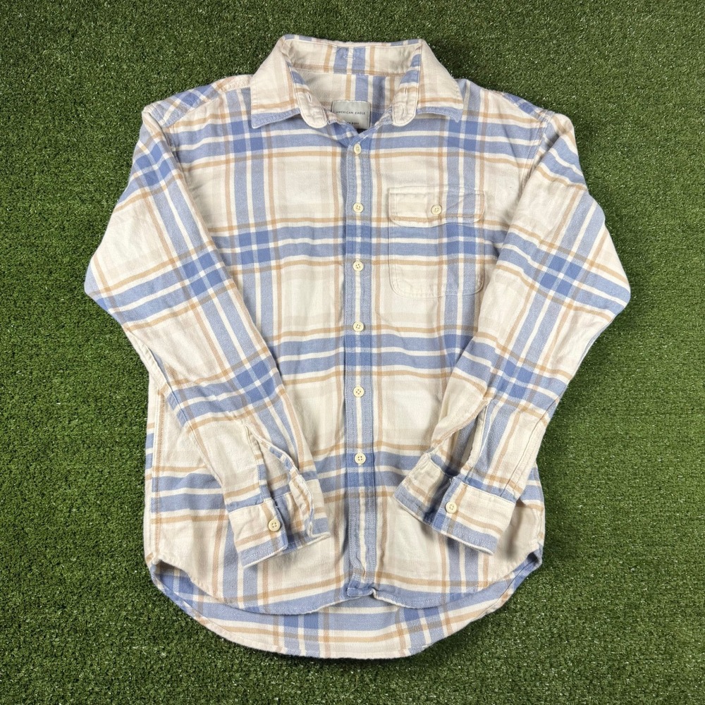 American Eagle Super‎ Plaid Flannel Shirt Mens XS Blue Tan Long Sleeve Button up